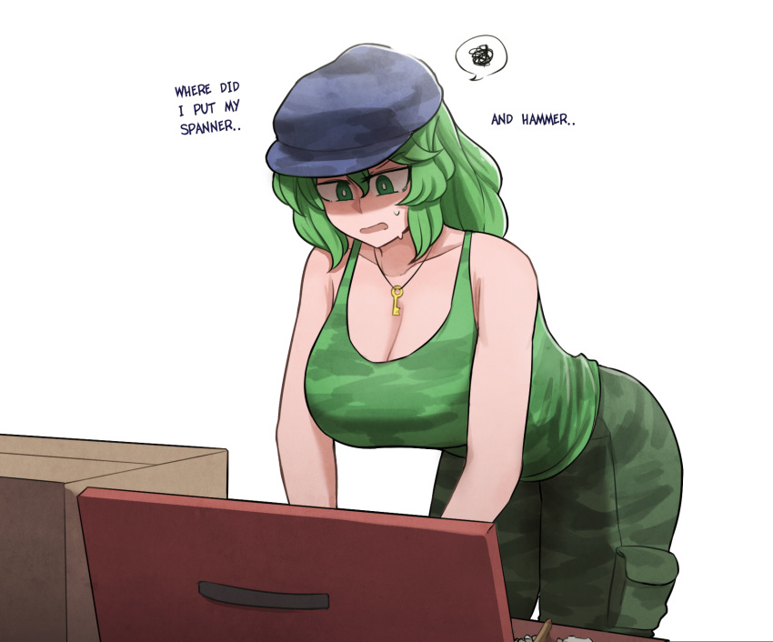 1girl bangs bent_over black_headwear box breasts camouflage camouflage_pants camouflage_tank_top cleavage english_commentary english_text flat_cap green_eyes green_hair green_pants green_tank_top hat highres jewelry key large_breasts looking_down mata_(matasoup) medium_hair open_mouth pants pendant pocket simple_background solo spoken_squiggle squiggle standing tank_top touhou white_background yamashiro_takane