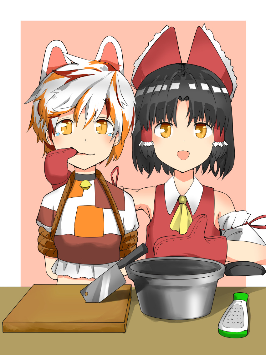 2girls absurdres animal_ears ascot bangs bdsm benikurage_(cookie) black_hair bondage border bound bow brown_eyes cat_ears chinese_commentary cleaver commentary_request cookie_(touhou) crop_top detached_sleeves gloves goutokuji_mike grater hair_bow hakurei_reimu highres looking_at_viewer mittens multicolored_hair multiple_girls nekokatana_catana open_mouth orange_eyes parted_bangs pot red_bow red_gloves rope shirt short_hair sleeveless sleeveless_shirt slit_pupils streaked_hair tearing_up touhou upper_body white_border white_hair white_sleeves yellow_neckwear