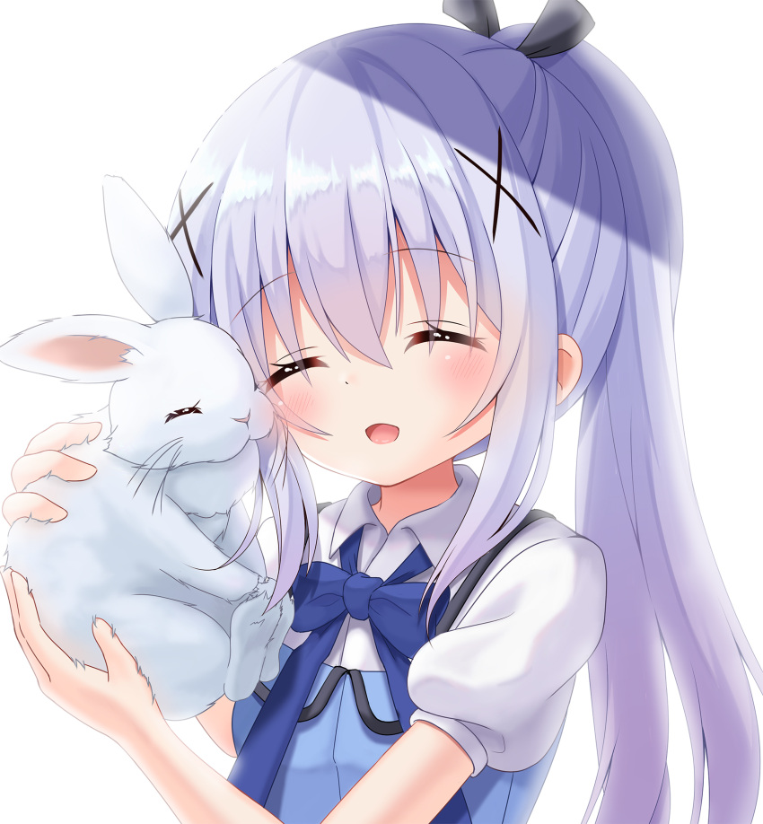 1girl alternate_hairstyle blue_bow blue_hair blue_vest blush bow bunny closed_eyes fujii_tatsuya gochuumon_wa_usagi_desu_ka? hair_ornament highres kafuu_chino light_blue_hair open_mouth ponytail rabbit_house_uniform simple_background smile solo vest white_background x_hair_ornament