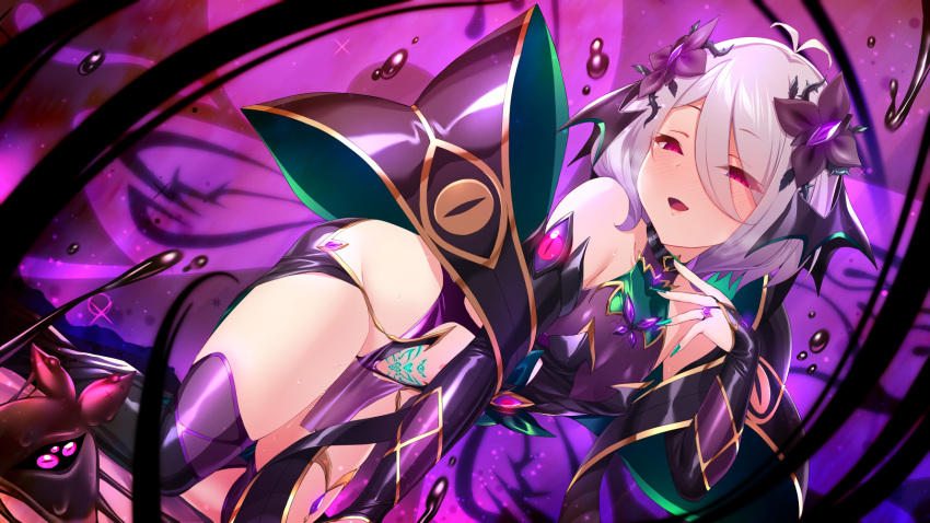 aliasing demon dress elbow_gloves gloves gray_hair leotard natsume_kokoro princess_connect! satou_kuuki short_hair succubus tattoo thighhighs