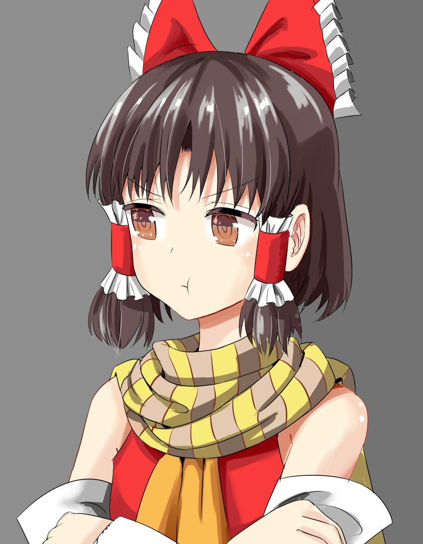 1girl :t absurdres ascot bangs benikurage_(cookie) blush bow brown_eyes brown_hair brown_scarf chinese_commentary closed_mouth commentary_request cookie_(touhou) detached_sleeves eyebrows_visible_through_hair frilled_bow frilled_hair_tubes frills grey_background hair_bow hair_tubes hakurei_reimu highres looking_to_the_side nekokatana_catana pout red_bow scarf shirt short_hair simple_background sleeveless sleeveless_shirt solo striped striped_scarf touhou upper_body yellow_neckwear yellow_scarf