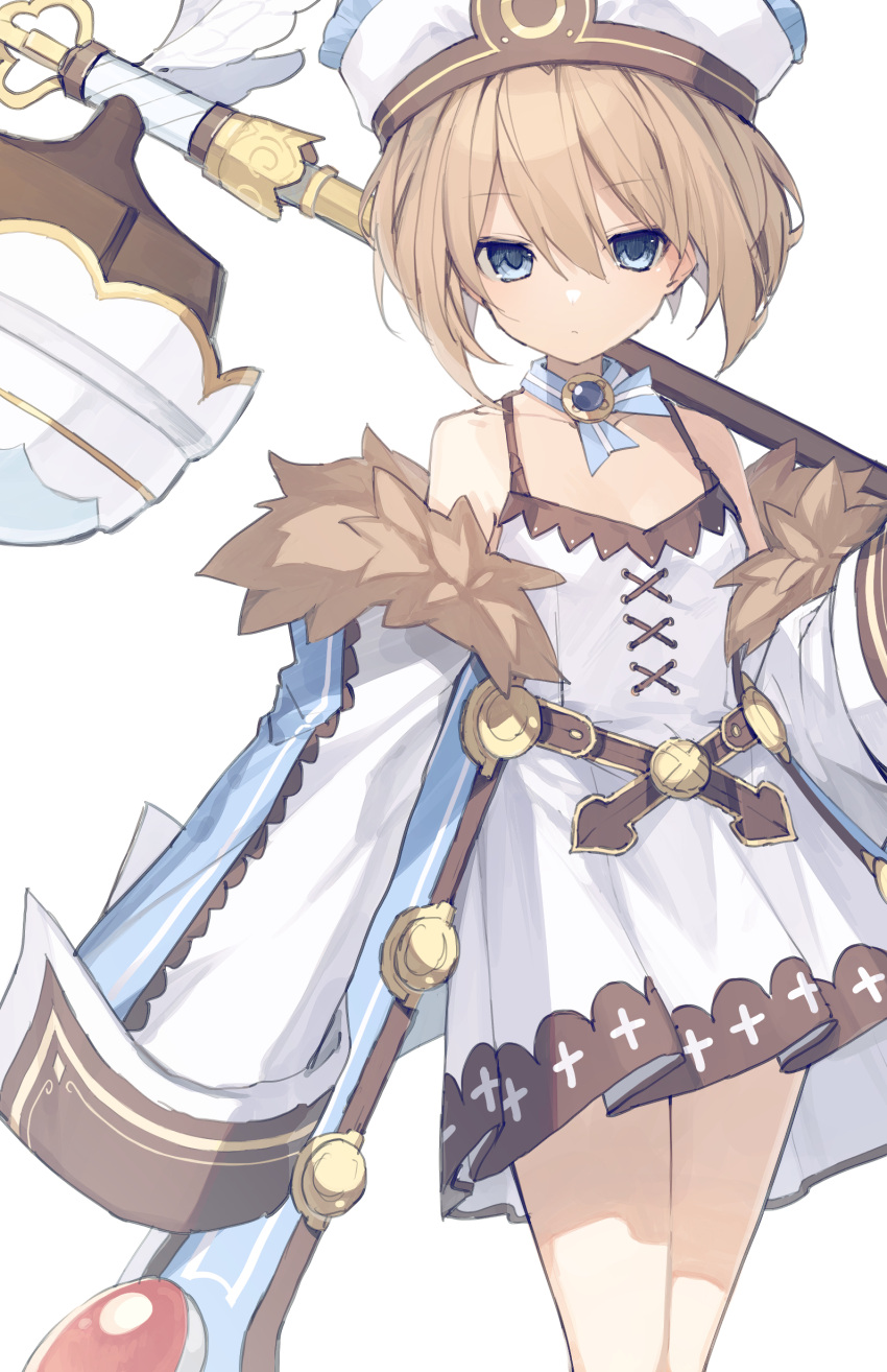 1girl absurdres bare_shoulders blanc blue_eyes brown_hair buran_buta coat dress flat_chest fur_trim hair_between_eyes hammer hat highres holding holding_hammer looking_at_viewer neptune_(series) short_hair simple_background solo white_background white_dress