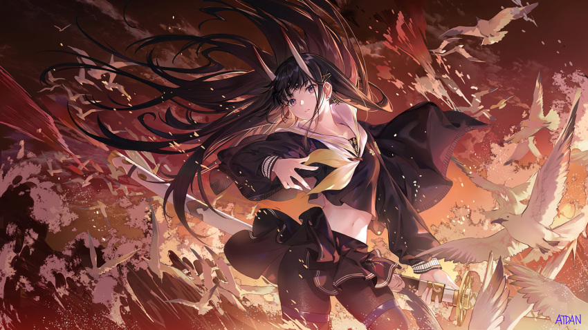 animal anthropomorphism atdan azur_lane bird black_hair clouds demon garter horns katana long_hair navel noshiro_(azur_lane) pantyhose purple_eyes school_uniform signed skirt skirt_lift sky sunset sword water weapon