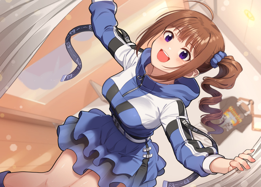 1girl :d ahoge bangs belt blue_dress blue_footwear blue_scrunchie blurry blurry_background boots brown_hair changing_room commentary curtains depth_of_field dress drill_hair dutch_angle eyebrows_visible_through_hair hair_ornament hair_scrunchie idolmaster idolmaster_million_live! indoors kamille_(vcx68) layered_dress long_sleeves medium_hair mirror open_mouth purple_eyes scrunchie shirt short_dress side_drill side_ponytail smile solo standing t-shirt white_belt yokoyama_nao zipper