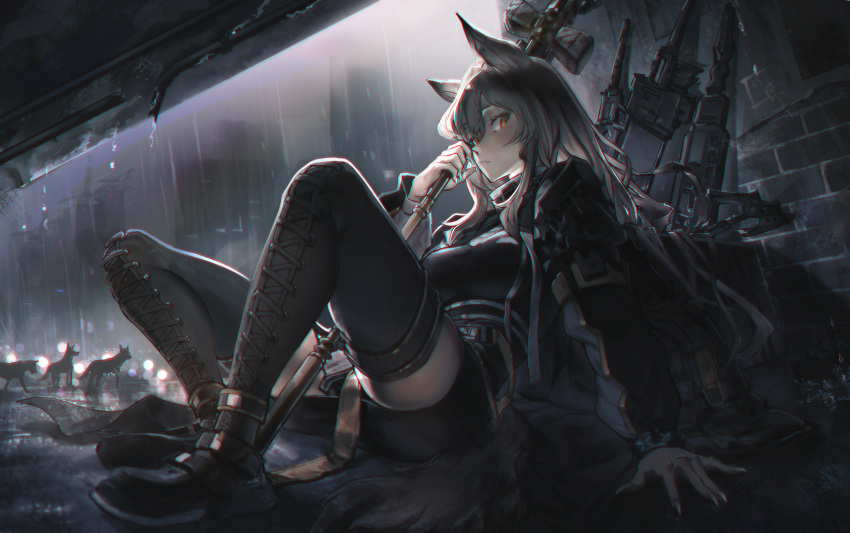 1girl absurdres animal animal_ears arknights bangs boots breasts brick_wall brown_eyes brown_hair ceobe_(arknights) chinese_commentary cross-laced_footwear dog_ears dog_girl eyebrows_visible_through_hair fang fingernails gaanc_23_(tomosuge) hair_between_eyes highres holding holding_polearm holding_weapon huge_filesize infection_monitor_(arknights) jacket lace-up_boots long_hair long_sleeves open_clothes open_jacket outdoors polearm rain sharp_fingernails sitting sitting_on_ground skin_fang smile solo thighhighs weapon weapon_bag