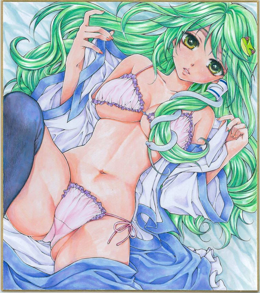 1girl ass_visible_through_thighs bangs black_legwear blue_skirt bra breasts cameltoe collared_shirt commentary_request cowboy_shot detached_sleeves frilled_bra frilled_panties frills frog_hair_ornament green_eyes green_hair hair_ornament hair_tubes hasu_murasaki highres kneehighs kochiya_sanae lingerie long_hair looking_at_viewer nipples open_clothes open_mouth open_shirt panties pink_bra pink_panties see-through shirt skirt sleeveless sleeveless_shirt snake snake_hair_ornament solo touhou underwear undressing white_shirt