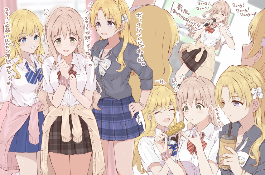 3girls :d absurdres black_shirt black_skirt blonde_hair blue_eyes blue_skirt blush bow bowtie braid brown_eyes closed_eyes clothes_around_waist commentary_request cup drinking_straw duffy eating flying_sweatdrops food french_braid girl_sandwich hair_bow highres holding holding_cup holding_microphone huge_filesize idolmaster idolmaster_cinderella_girls kiryuu_tsukasa_(idolmaster) light_brown_hair long_hair loose_neckwear microphone multiple_girls multiple_views music ohtsuki_yui open_mouth plaid plaid_skirt purple_eyes saionji_kotoka sandwiched school_uniform shirt singing skirt smile sweater sweater_around_waist translation_request white_bow white_shirt