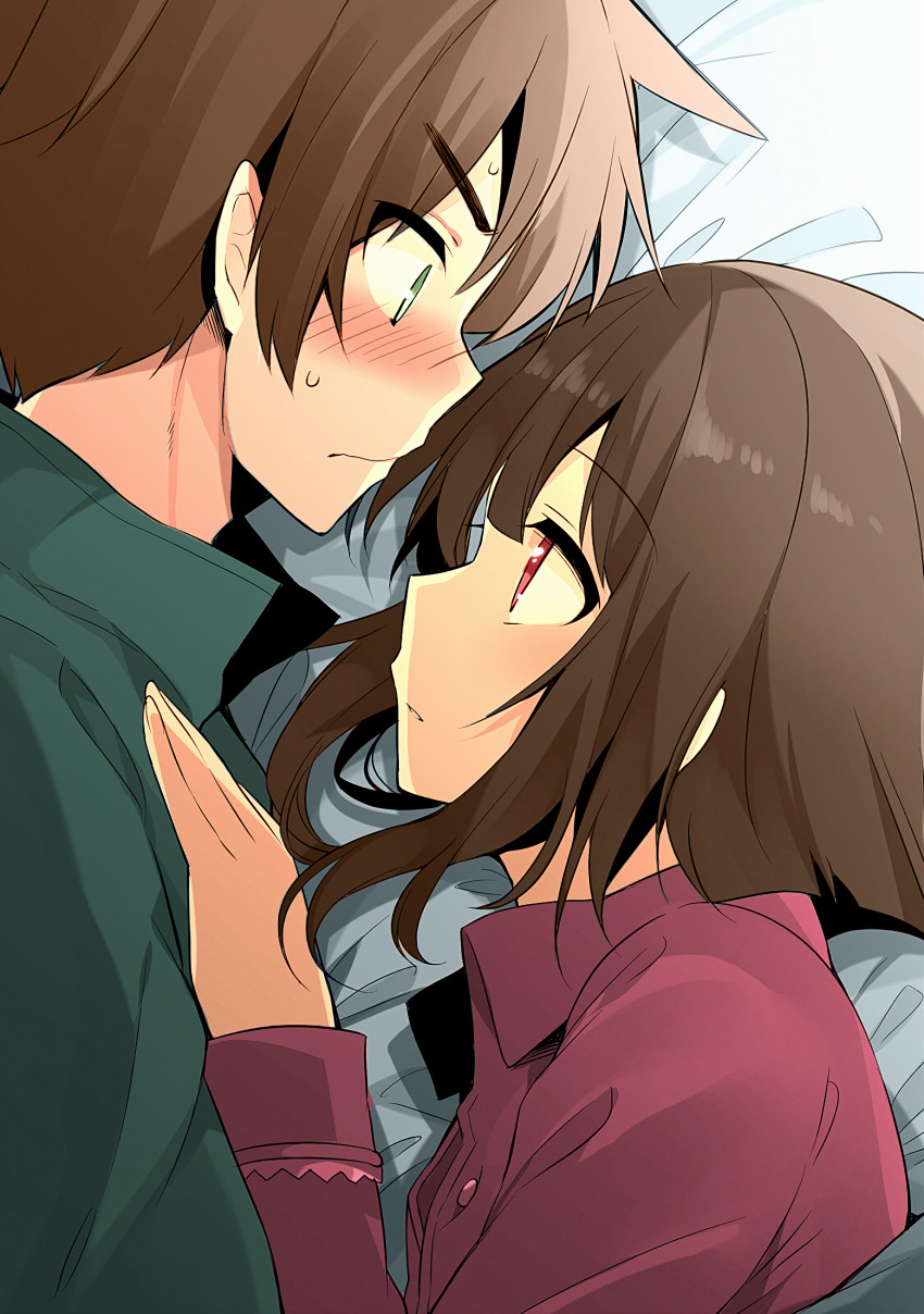 1boy 1girl absurdres bangs bed_sheet blush brown_hair colorized commentary couple english_commentary eye_contact face-to-face green_eyes green_jacket hair_between_eyes hand_on_another's_chest highres huge_filesize jacket kono_subarashii_sekai_ni_shukufuku_wo! looking_at_another lying megumin mishima_kurone nervous nose_blush on_bed on_side pajamas parted_lips pink_pajamas red_eyes satou_kazuma short_hair_with_long_locks sweatdrop third-party_edit under_covers wavy_mouth we_cry_open