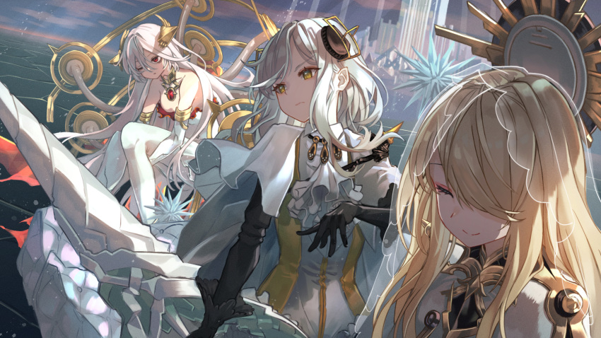 alchemy_stars blonde_hair clouds gray_hair long_hair red_eyes roco_(rocoroco1115) sky tagme_(character) weapon white_hair wink yellow_eyes