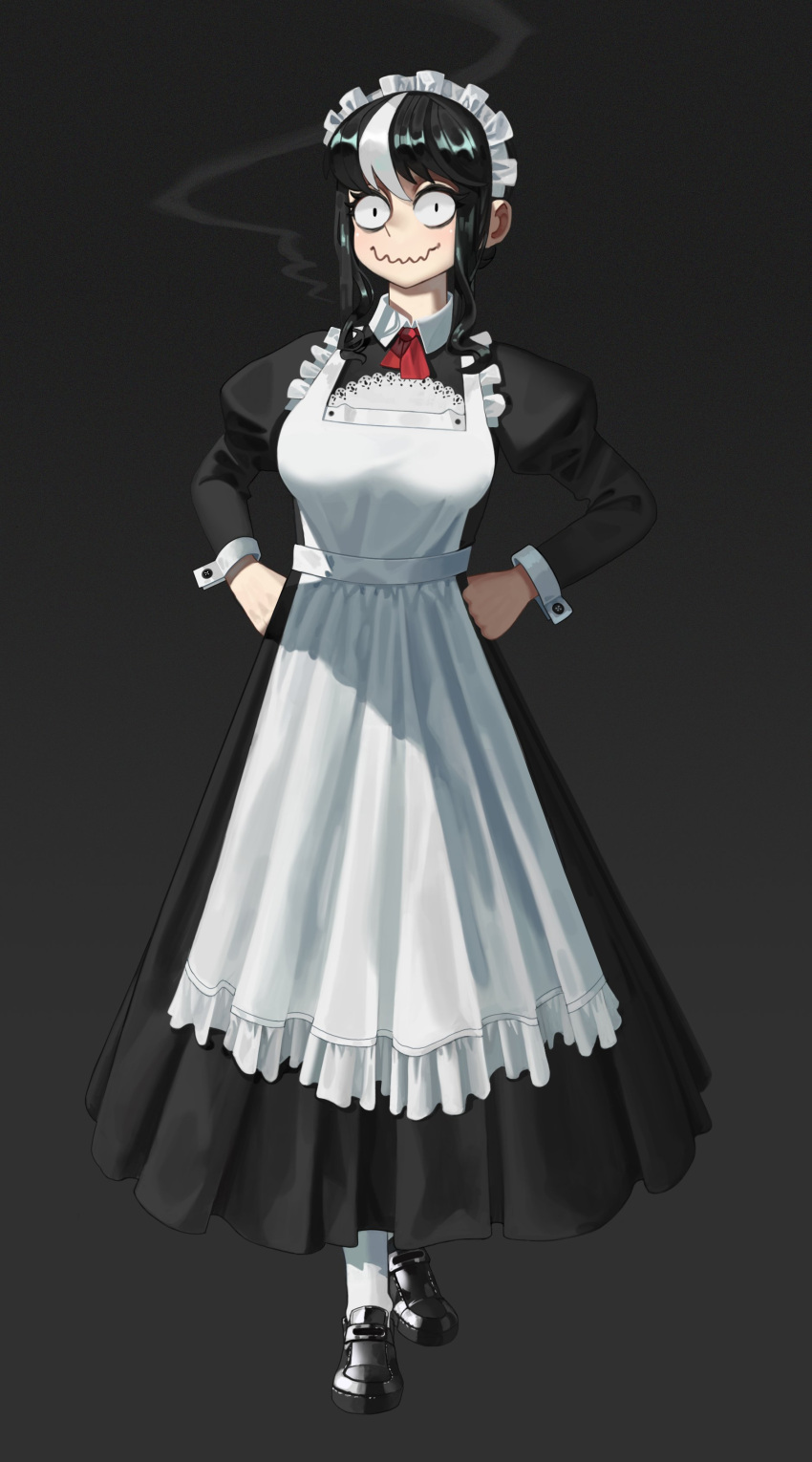 1girl absurdres alternate_costume apron bags_under_eyes black_dress black_footwear black_hair borrowed_character box bun_cover closed_mouth commentary dress enmaided full_body grey_background hair_bun hands_on_hips highres juliet_sleeves long_dress long_hair long_sleeves maid maid_apron maid_day maid_headdress multicolored_hair noss_(rariatto) original puffy_sleeves sanpaku short_hair_with_long_locks sidelocks smile streaked_hair wavy_mouth white_hair wi33ard