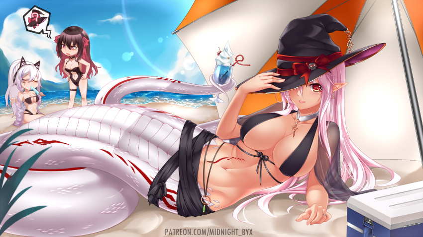 3girls arm_support axent_wear beach beach_umbrella bikini black_bikini black_hair breasts cat_ear_headphones choker closed_eyes cooler cup day drinking_glass food glass gradient_hair hair_between_eyes hands_on_hips hat headphones highres ice_cream kyara_akaro lamia large_breasts long_hair lying midnight_(banyex) monster_girl multicolored_hair multiple_girls navel on_side one-piece_swimsuit original pink_hair pointy_ears ponytail popsicle red_eyes sitting speech_bubble standing swimsuit tattoo umbrella white_hair witch_hat