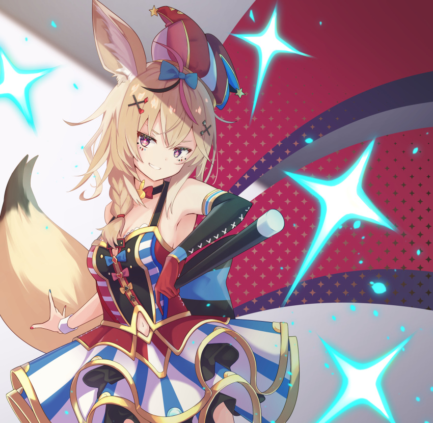 1girl absurdres ahoge animal_ears arm_strap bangs bare_shoulders black_choker black_gloves black_hair blonde_hair blue_skirt bow bow_skirt bowtie braid breasts choker cleavage clothing_cutout club_hair_ornament diamond_hair_ornament elbow_gloves facial_mark fennec_fox fox_ears fox_girl fox_tail gloves grin hair_between_eyes hair_ornament hair_over_shoulder hairclip halter_top halterneck hat heart heart_hair_ornament highres hololive jester_cap layered_skirt long_hair looking_at_viewer medium_breasts miniskirt miyaho_concon multicolored multicolored_clothes multicolored_gloves multicolored_hair nail_polish navel_cutout omaru_polka pink_hair playing_card_theme purple_eyes red_gloves red_neckwear side_braid single_elbow_glove skirt sleeve_cuffs smile solo spade_hair_ornament sparkle streaked_hair striped tail tilted_headwear v-shaped_eyebrows vertical-striped_skirt vertical_stripes virtual_youtuber wand x_hair_ornament