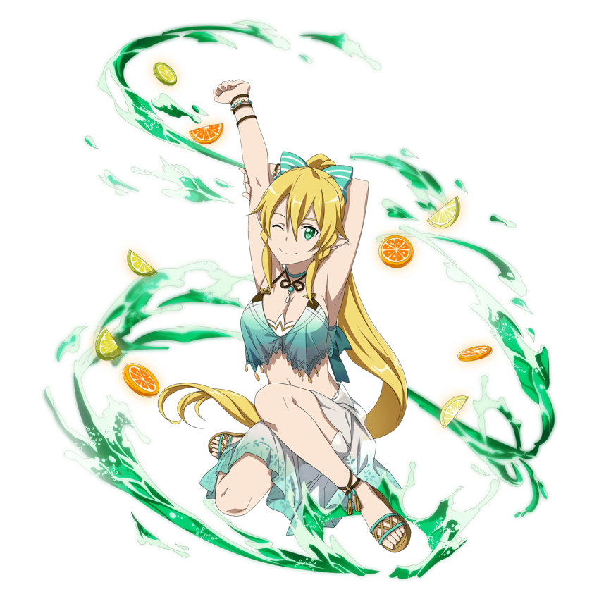 1girl ;) arm_up blonde_hair bow bracelet breasts cleavage collarbone full_body green_eyes grey_skirt hair_bow high_ponytail highres jewelry large_breasts leafa long_hair looking_at_viewer midriff navel necklace official_art one_eye_closed pointy_ears sideboob sitting skirt sleeveless smile solo stomach striped striped_bow sword_art_online sword_art_online:_memory_defrag transparent_background very_long_hair