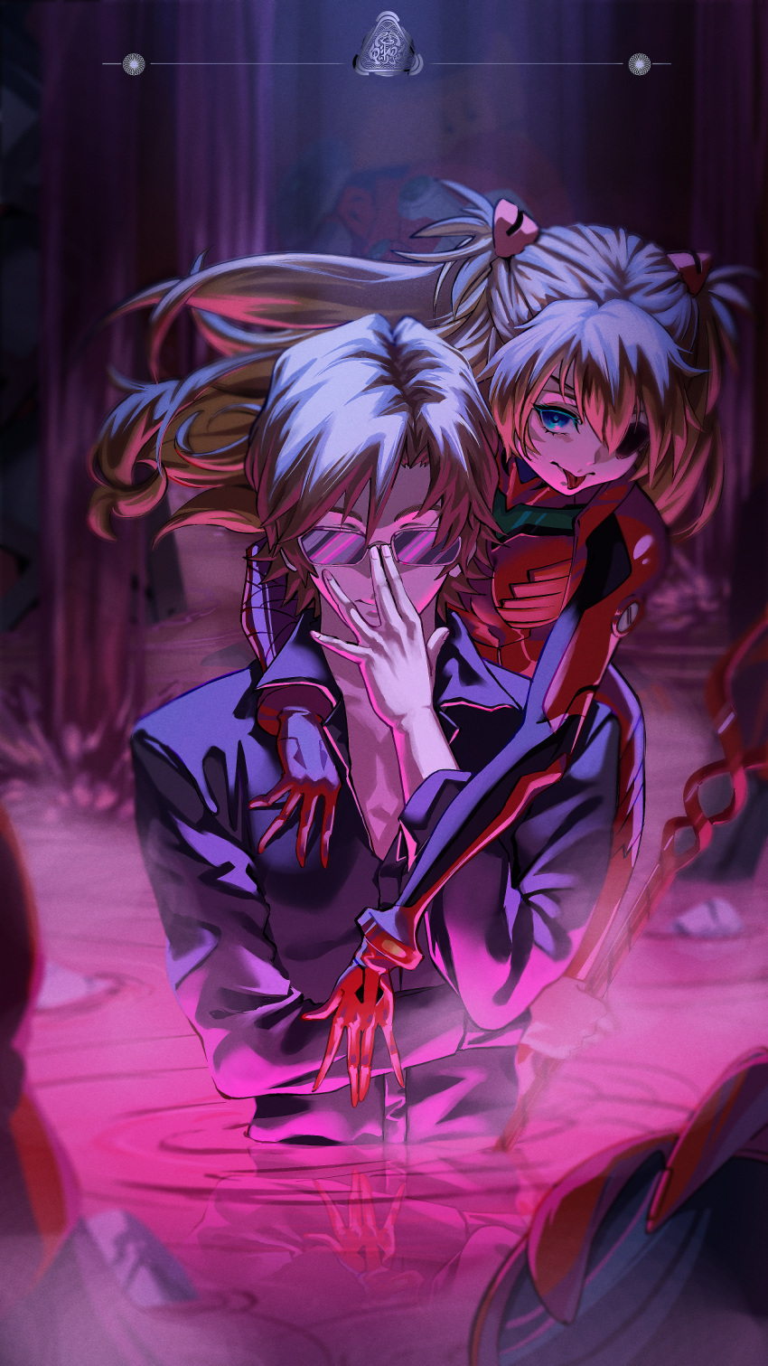 1boy 1girl adjusting_eyewear age_difference aida_kensuke bandages bangs blue_eyes bodysuit breasts brown_hair collared_shirt couple evangelion:_3.0+1.0_thrice_upon_a_time eyepatch girl_on_top glasses highres hug hug_from_behind kuiyanxu long_hair long_sleeves looking_at_viewer neon_genesis_evangelion on_shoulder plugsuit polearm rebuild_of_evangelion shirt short_hair smug souryuu_asuka_langley spear sunglasses tongue tongue_out water weapon