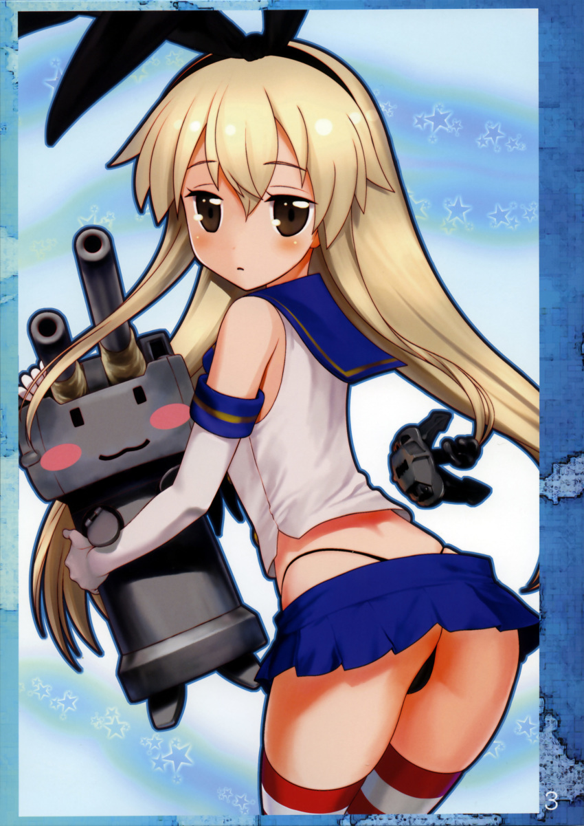 1girl :3 absurdres black_hairband black_panties blonde_hair blue_background blue_sailor_collar blue_skirt brown_eyes cowboy_shot elbow_gloves gloves hairband hechi highres holding kantai_collection long_hair looking_at_viewer miniskirt panties rensouhou-chan robot sailor_collar scan shimakaze_(kantai_collection) shirt skirt star starry_background striped striped_legwear thighhighs thong underwear white_gloves white_shirt