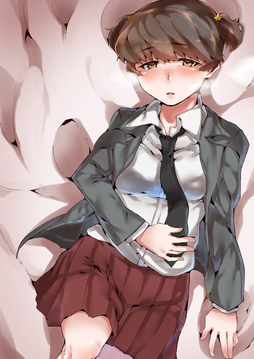 1girl alisa_(girls_und_panzer) bangs bed_sheet black_neckwear blazer blush breath brown_eyes brown_hair commentary dress_shirt freckles girls_und_panzer grey_jacket hair_ornament half-closed_eyes hand_on_own_stomach highres iw_(iw26586381) jacket lips long_sleeves looking_at_viewer loose_necktie lying miniskirt necktie on_back on_bed open_clothes open_jacket parted_lips pleated_skirt red_skirt saunders_school_uniform school_uniform shirt short_hair short_twintails skirt solo star star_hair_ornament twintails white_shirt wing_collar