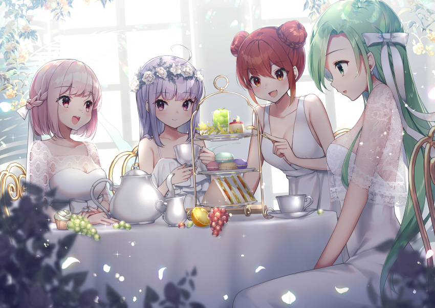 anotherxalice bow braids breasts brown_eyes cleavage dress drink flowers food fruit green_eyes green_hair group headdress long_hair nyasunyadoora orange_(fruit) petals pink_hair purple_hair red_eyes red_hair ribbons tagme_(character) twintails