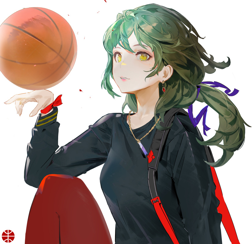 1girl ball bangs basketball black_shirt blue_ribbon commentary earrings english_commentary green_hair grey_background hair_ribbon highres jewelry knee_up long_hair long_sleeves looking_at_viewer necklace original pantyhose parted_lips ponytail red_legwear red_ribbon ribbon shirt simple_background sisiyong solo teeth wrist_ribbon