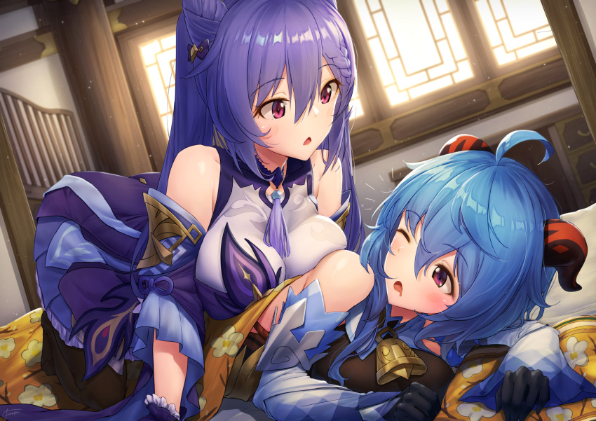 2girls bell blue_hair braids ganyu_(genshin_impact) genshin_impact gloves horns keqing_(genshin_impact) long_hair pantyhose purple_eyes purple_hair shoujo_ai twintails wink xfate