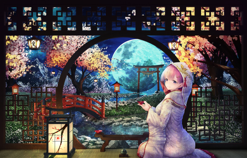 asa-ai cherry_blossoms clouds drink flowers japanese_clothes kimono moon original pink_hair purple_eyes sake sky tears torii tree water wedding_attire