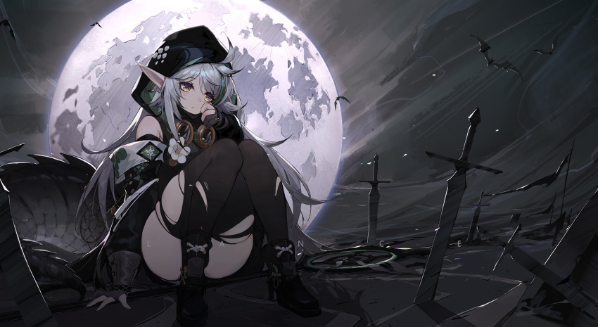 arknights blush dark gloves goggles gray_hair hoodie lance_(lancelliu) long_hair moon night pointed_ears sky sword thighhighs tomimi_(arknights) torn_clothes watermark weapon yellow_eyes
