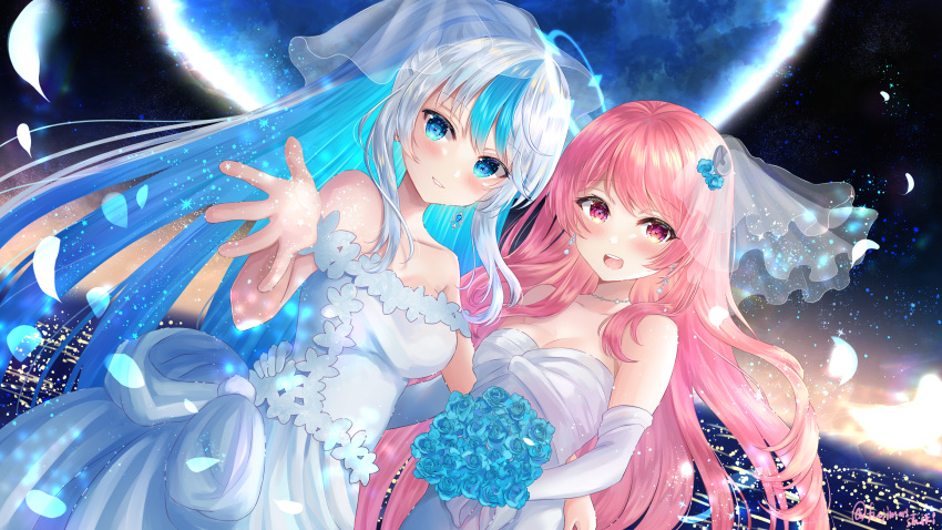 2girls aqua_eyes flowers fujimori_shiki gray_hair long_hair original pink_hair rose shoujo_ai sky wedding wedding_attire