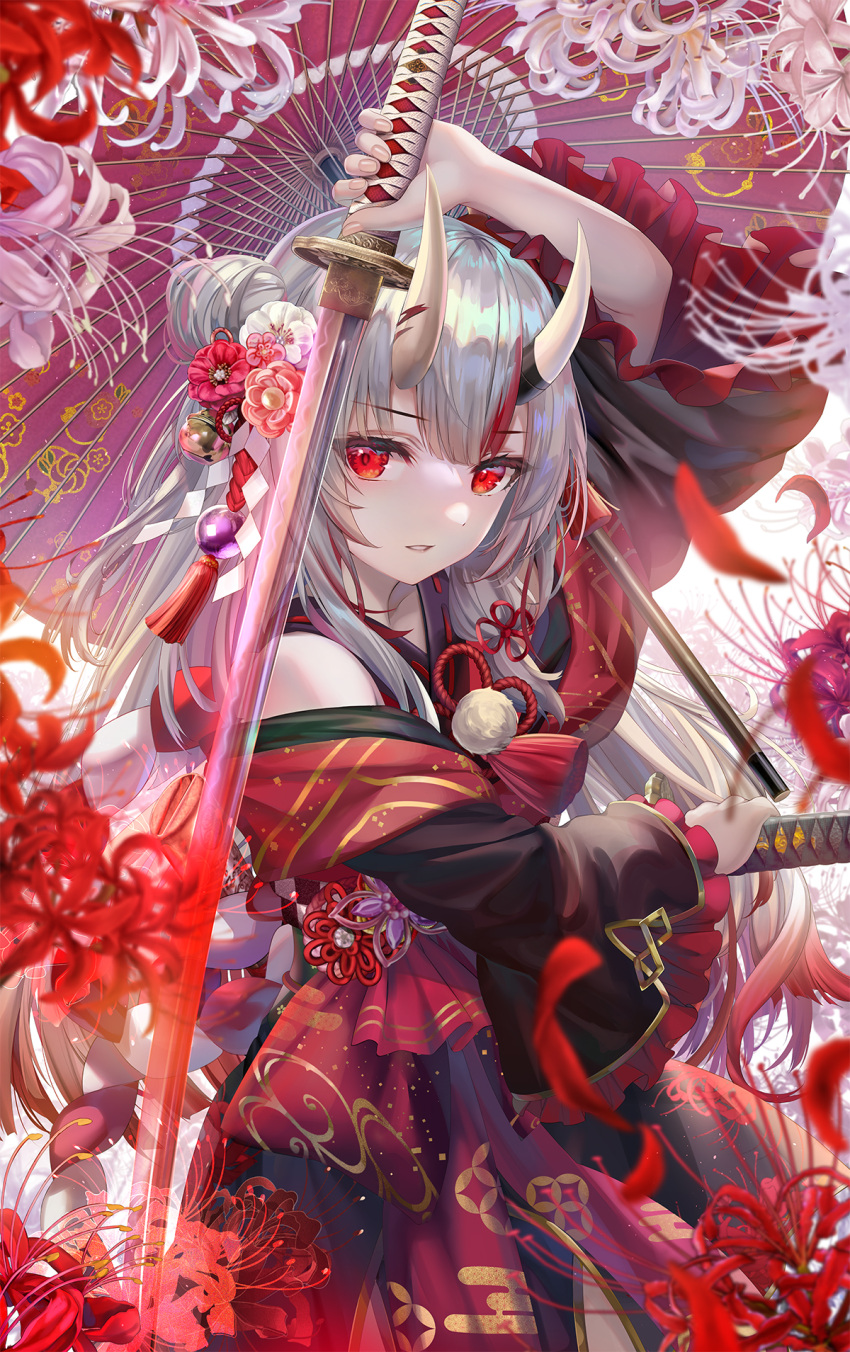 1girl arm_up bangs commentary_request cowboy_shot dual_wielding eyebrows_visible_through_hair flower flower_knot frilled_sleeves frills hair_bun hair_flower hair_ornament highres holding holding_sword holding_weapon hololive horns japanese_clothes katana kimono long_hair long_sleeves looking_at_viewer multicolored_hair nakiri_ayame oil-paper_umbrella oni_horns parted_lips red_eyes red_flower red_hair red_kimono silver_hair solo spider_lily streaked_hair sword tassel torino_akua umbrella virtual_youtuber weapon white_flower wide_sleeves