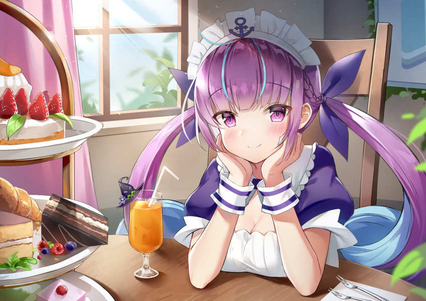 aliasing blush braids breasts cake cleavage drink food fruit ginn_(hzh770121) headdress hololive long_hair minato_aqua purple_eyes purple_hair strawberry twintails wristwear