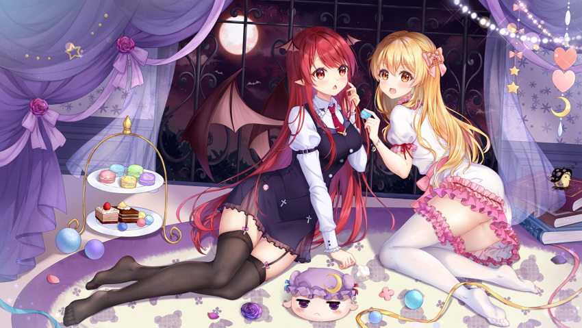 2girls animal ass bat blonde_hair blush book bow brown_eyes cake clouds demon fang flowers food fruit garter_belt hei_kuang_jun keisenko koakuma long_hair moon night original petals pointed_ears red_eyes red_hair ribbons rose see_through shirt skirt sky stockings strawberry suit tie touhou waifu2x wings wristwear zettai_ryouiki