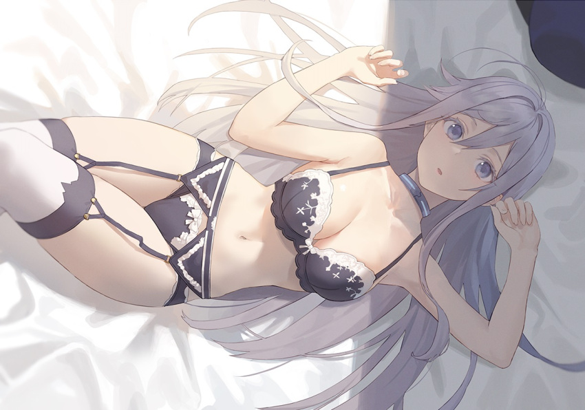 86_(anime) bra breasts cleavage collar garter_belt gray_eyes gray_hair long_hair panties seon_(seonon) stockings underwear vladilena_millize