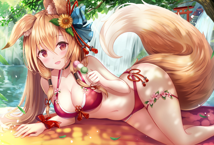 aliasing animal_ears bikini blonde_hair blush cropped food foxgirl long_hair navel original red_eyes sakura_ani swimsuit tail torii water waterfall