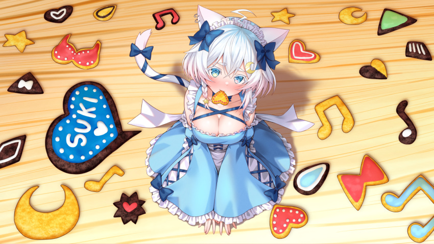 animal_ears aqua_eyes bettle_(b_s_a_n) blush bow braids breasts catgirl cleavage food headdress lolita_fashion ribbons shiraishi_yukino short_hair tail waifu2x white_hair