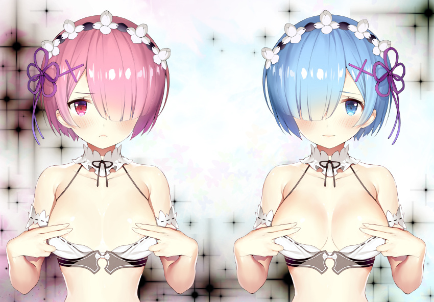 2girls blue_eyes blue_hair blush breasts close cropped headband matsui_hiroaki no_bra pink_hair ram_(re:zero) re:zero_kara_hajimeru_isekai_seikatsu red_eyes rem_(re:zero) short_hair twins