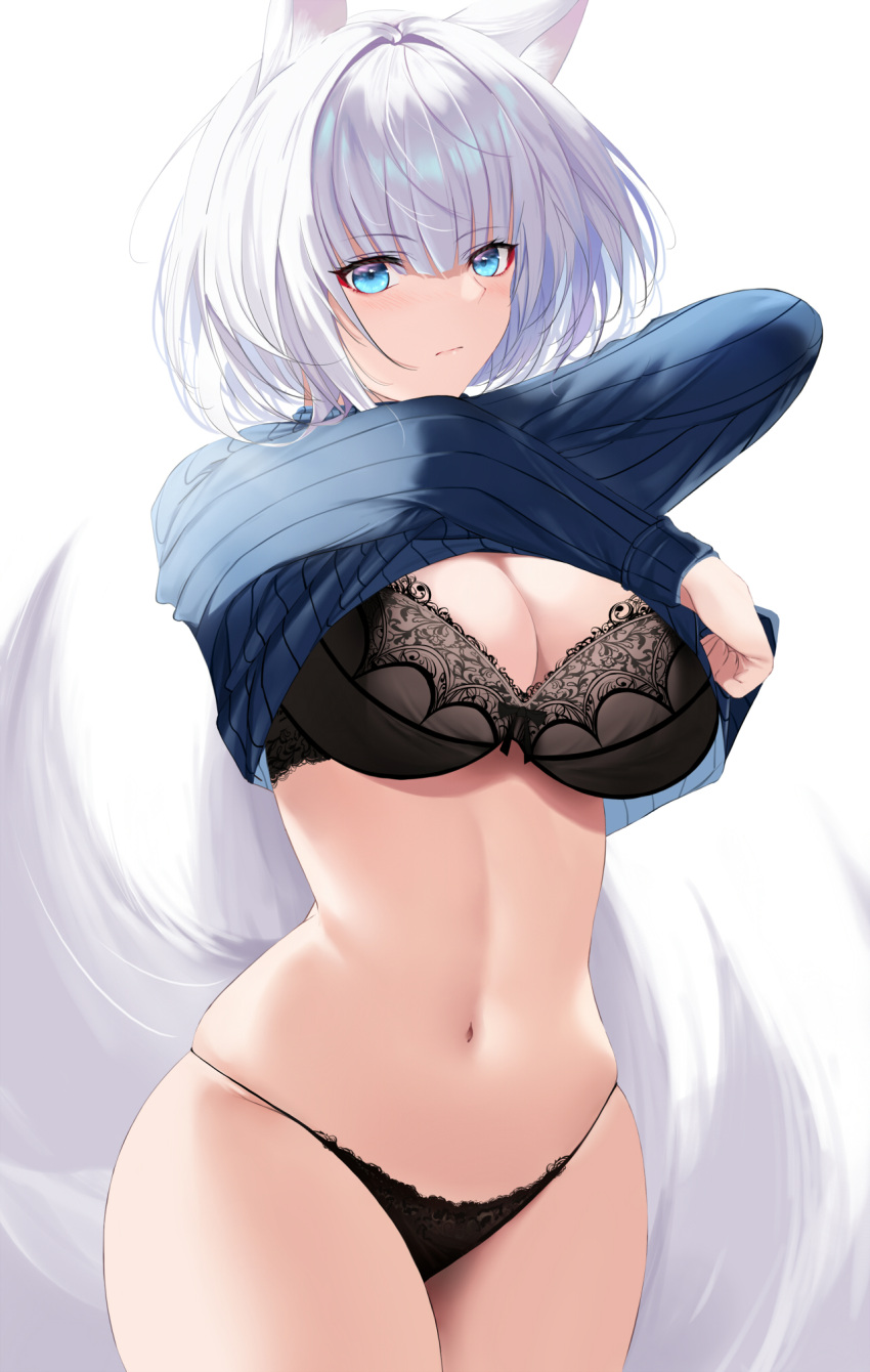 animal_ears azur_lane bra cleavage jzl_xy kaga_(azur_lane) kitsune pantsu shirt_lift sweater tail undressing