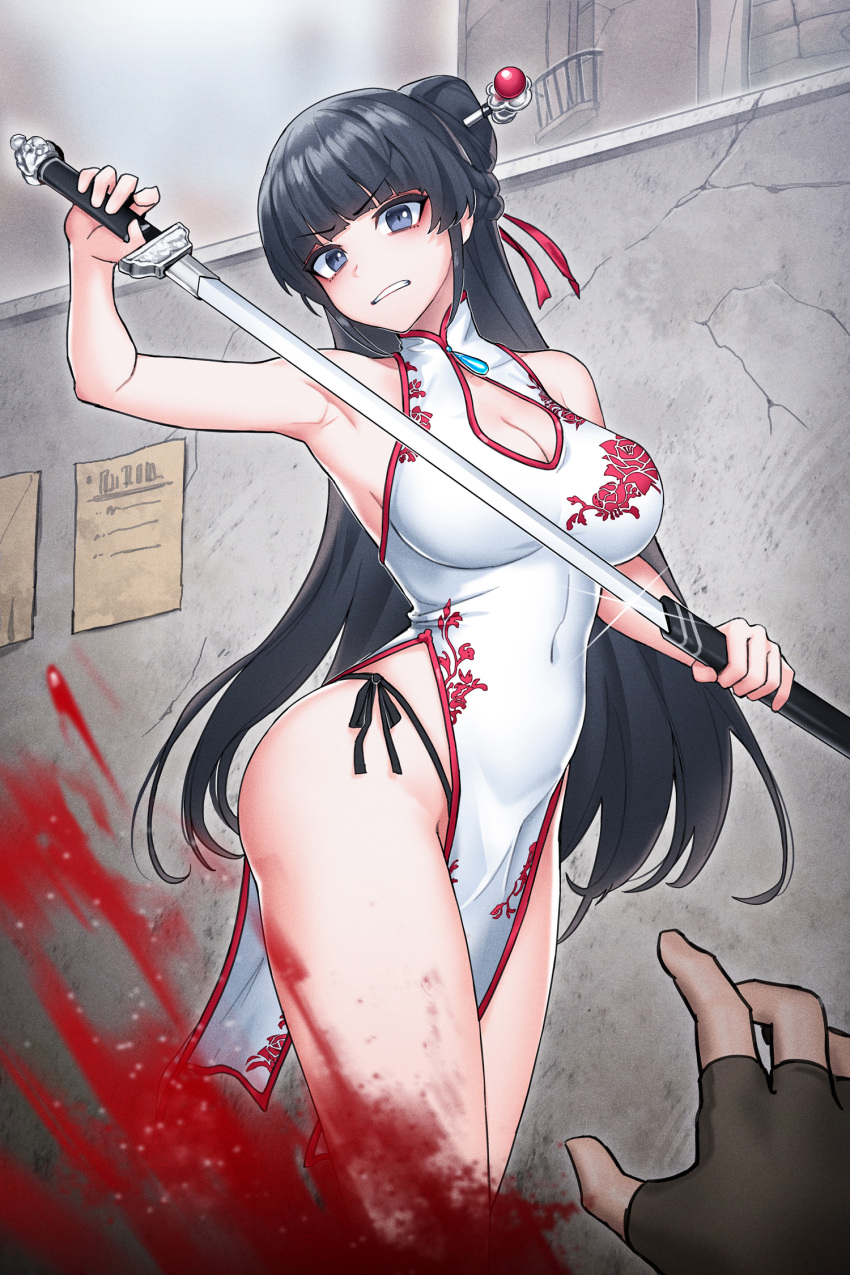 blood cain_(gunnermul) chinadress cleavage pantsu string_panties sword