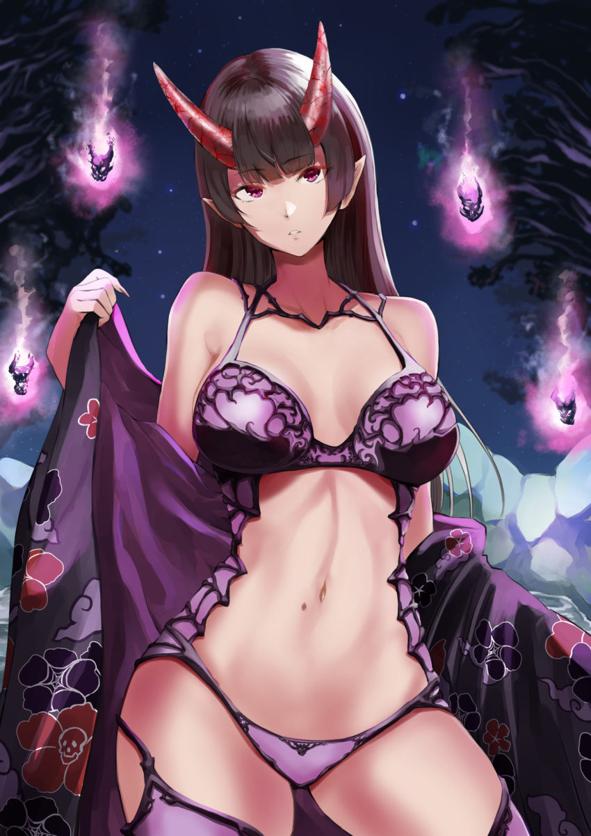 bra horns japanese_clothes jojobirdz lingerie open_shirt pantsu pointy_ears stockings thighhighs undressing