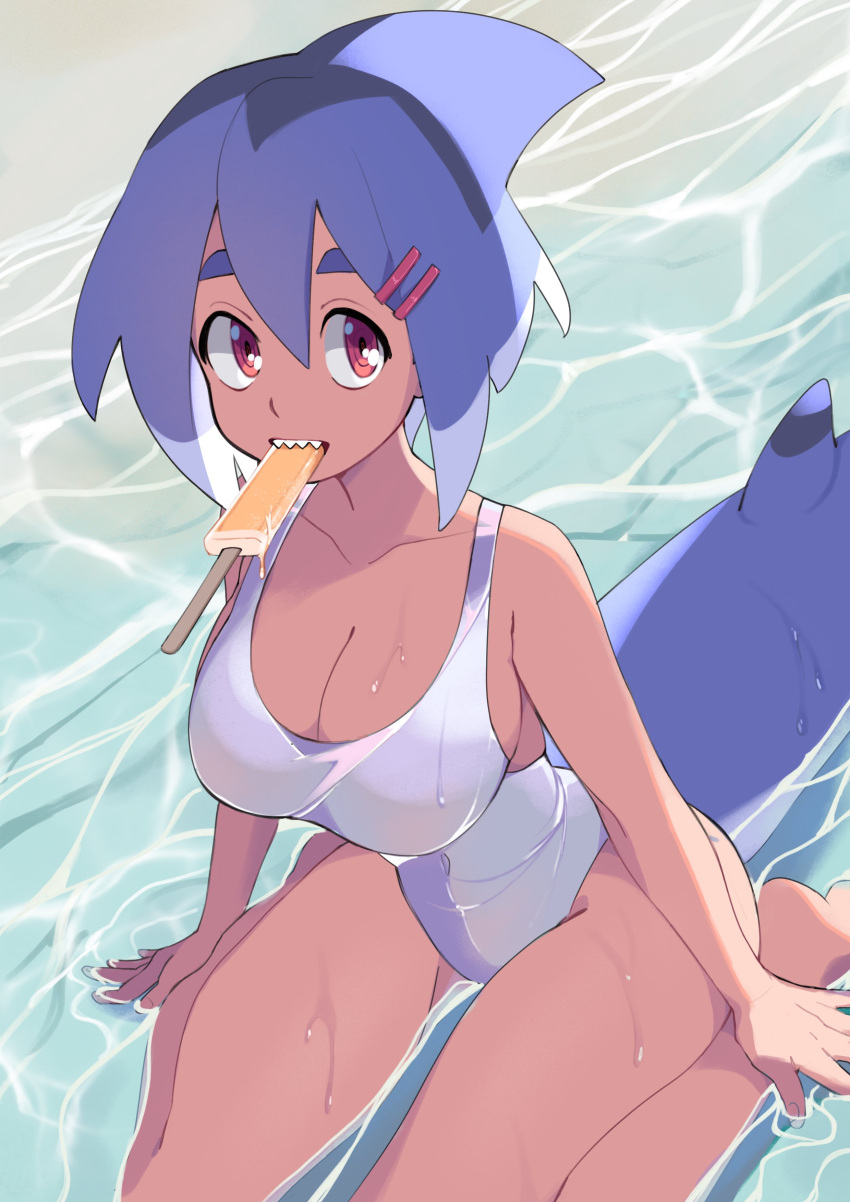 1girl absurdres azuumori bangs bare_legs barefoot blue_hair breasts cleavage fish_tail food hair_between_eyes hair_ornament hairclip highres knees_out_of_frame large_breasts looking_at_viewer mouth_hold one-piece_swimsuit original pink_eyes popsicle shark_fin shark_girl shark_girl_(azuumori) shark_tail sharp_teeth solo swimsuit tail teeth wet white_swimsuit