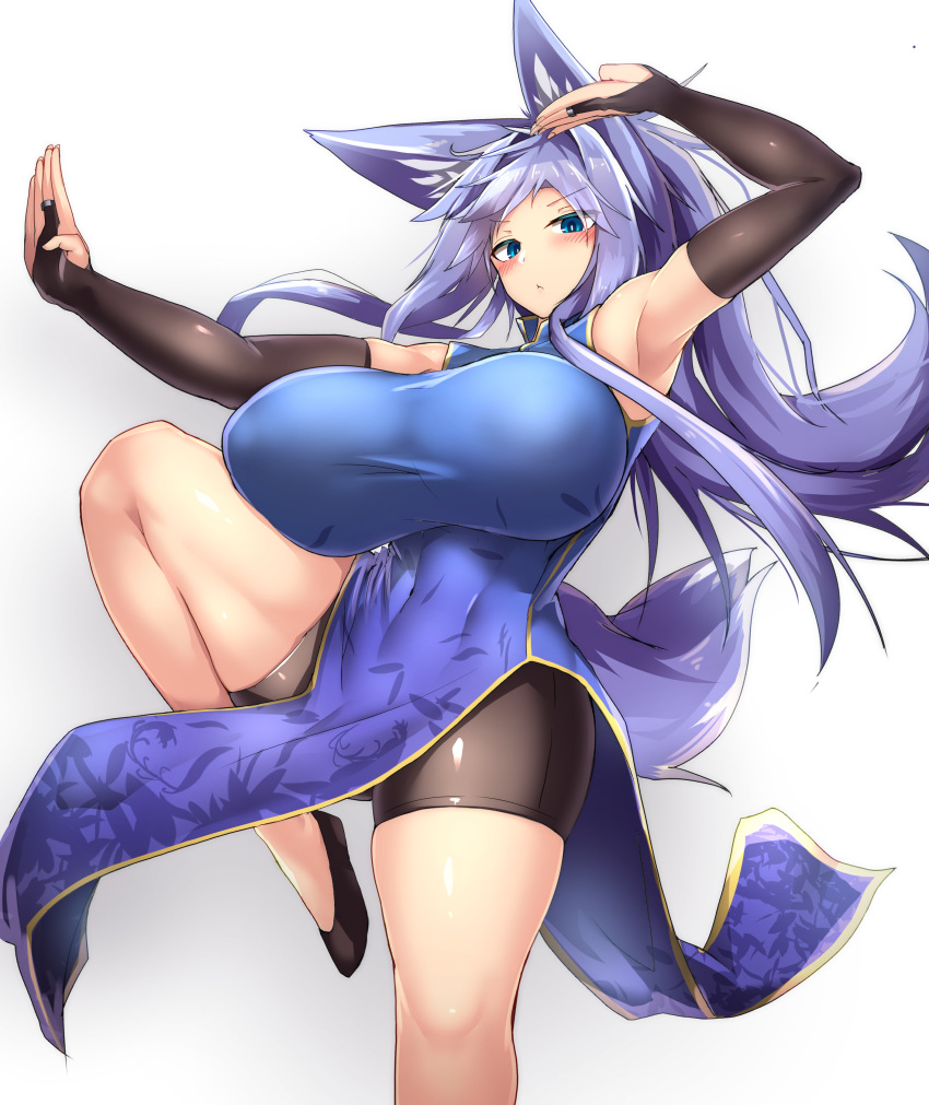 animal_ears bike_shorts chinadress erect_nipples indigo kitsune skirt_lift tail tylwing