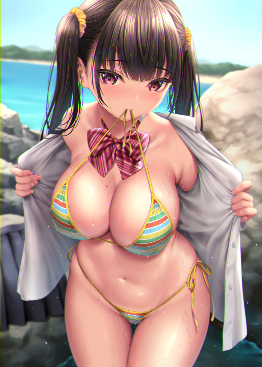 bikini erect_nipples kase_daiki open_shirt seifuku swimsuits undressing wet