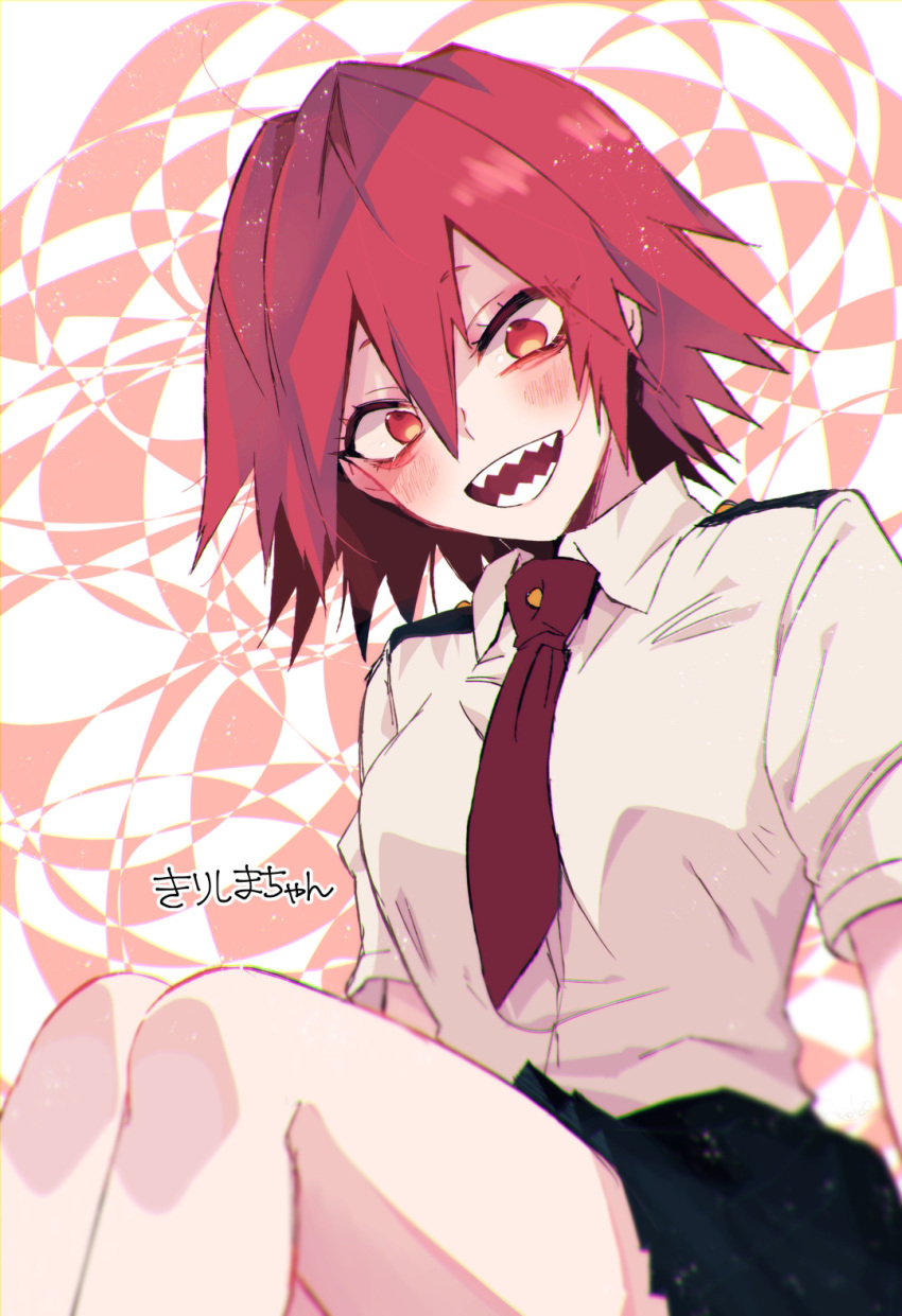 1girl anoko_(darenokoanoko) bangs black_skirt blush boku_no_hero_academia breasts brown_background collared_shirt from_below genderswap genderswap_(mtf) grey_shirt hair_between_eyes highres kirishima_eijirou medium_breasts necktie red_eyes red_necktie sharp_teeth shirt sitting skirt smile solo teeth translated white_background