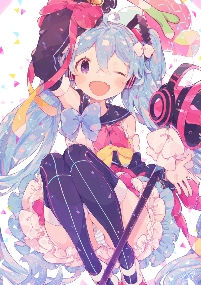 amakawatamawono hatsune_miku headphones magical_mirai pantsu shimapan skirt_lift thighhighs vocaloid