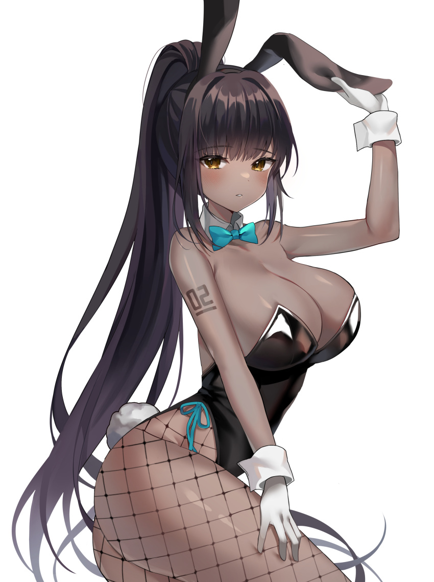 1girl absurdres adjusting_clothes adjusting_headwear animal_ears ass bangs bare_shoulders black_hair black_leotard blue_archive bow bowtie breasts churi_(oxxchurixxo) cleavage collar commentary_request dark-skinned_female dark_skin detached_collar fake_animal_ears fishnet_legwear fishnets gloves high_ponytail highres karin_(blue_archive) large_breasts leotard long_hair looking_at_viewer number_tattoo playboy_bunny ponytail rabbit_ears rabbit_tail shoulder_tattoo solo strapless strapless_leotard tail tattoo thighs white_gloves yellow_eyes