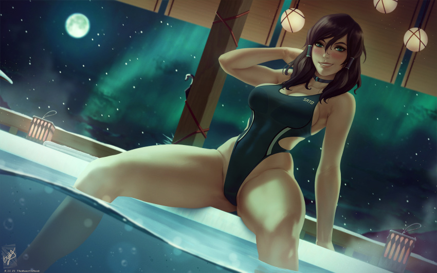 1girl arm_support ass_visible_through_thighs avatar_(series) blue_eyes blush breasts brown_hair choker commentary dark-skinned_female dark_skin english_commentary hair_between_eyes highres korra large_breasts looking_at_viewer medium_hair moon night night_sky one-piece_swimsuit parted_lips pool sitting sky solo spread_legs swimsuit teeth the_legend_of_korra themaestronoob thick_thighs thighs towel water