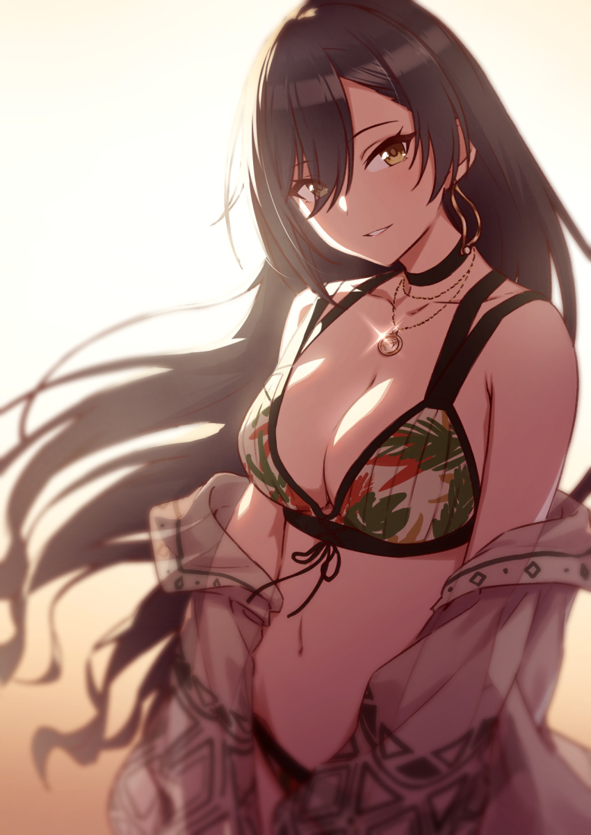 1girl amochin bare_shoulders bikini black_choker black_hair breasts choker cleavage hair_between_eyes highres idolmaster idolmaster_shiny_colors jewelry large_breasts navel necklace off_shoulder ponytail_korosuke shirase_sakuya smile swimsuit yellow_eyes