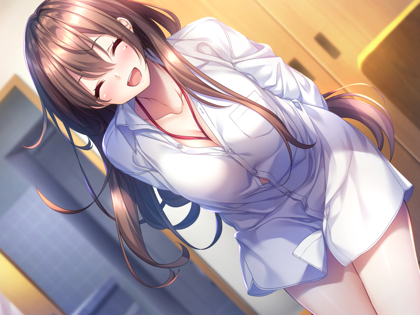 aikagi_3_(azarashi_soft) azarashi_soft cleavage dress_shirt game_cg gintarou open_shirt saotome_ai