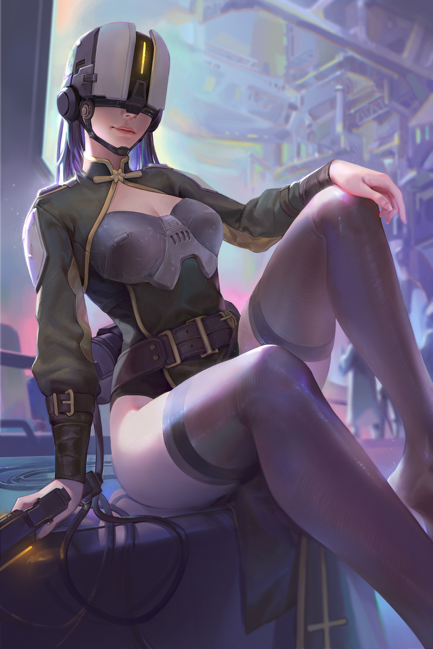 1girl 39_bukun absurdres arm_at_side arm_support armor belt black_legwear blurry breastplate breasts cable cleavage depth_of_field facing_viewer fandi_(zhang_rui) feet_out_of_frame glowing gun hand_on_own_knee head-mounted_display highres holding holding_gun holding_weapon knee_up leotard light_smile long_sleeves medium_breasts medium_hair original outstretched_arm pauldrons purple_hair science_fiction shoulder_armor shrug_(clothing) sitting solo tabard thighhighs tube weapon