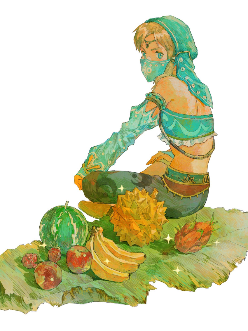 1boy apple arabian_clothes banana blonde_hair blue_eyes circlet crossdressing crossed_legs detached_sleeves dragon_fruit durian food fruit gerudo_set_(zelda) harem_pants highres jewelry leaf lingcod_dayu link looking_at_viewer male_focus melon mouth_veil official_alternate_costume pants sitting solo sparkle the_legend_of_zelda the_legend_of_zelda:_breath_of_the_wild veil