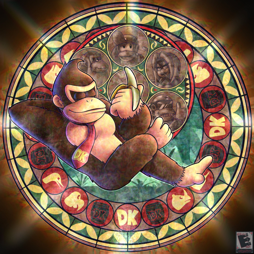 amyroser banana candy_kong closed_eyes cranky_kong crossed_legs diddy_kong dive_to_the_heart donkey_kong donkey_kong_(series) donkey_kong_country english_commentary enguarde expresso food fruit funky_kong gorilla highres holding holding_food holding_fruit kingdom_hearts logo necktie no_humans parody rambi red_necktie sleeping solo squawks super_smash_bros. watermark