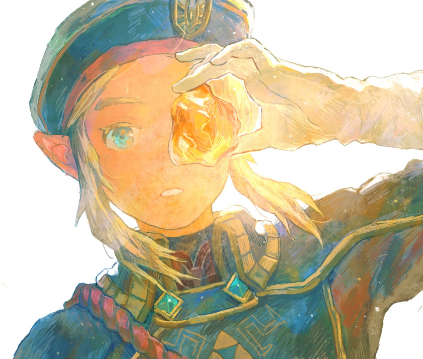 1boy blonde_hair blue_eyes blue_headwear gloves hat highres holding lingcod_dayu link looking_at_viewer male_focus official_alternate_costume parted_lips pointy_ears royal_guard_set_(zelda) sidelocks solo the_legend_of_zelda the_legend_of_zelda:_breath_of_the_wild triforce_print white_gloves