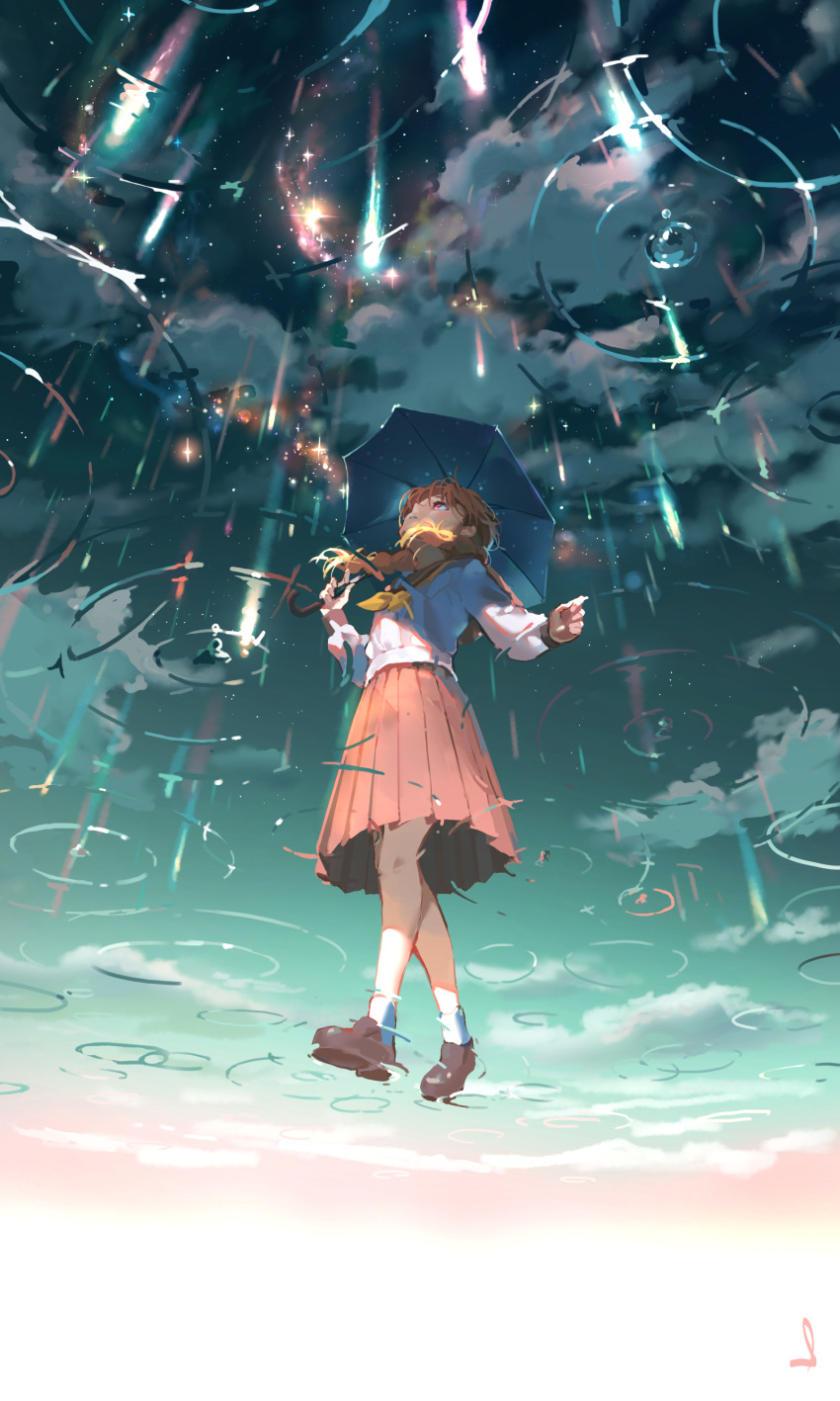 1girl absurdres bare_legs blonde_hair braid brown_footwear cloud cloudy_sky commentary from_below full_body highres holding holding_umbrella loafers long_sleeves looking_up meteor_shower neckerchief original parted_lips pink_skirt pleated_skirt rain red_eyes ripples school_uniform shijohane shirt shoes short_hair skirt sky socks solo twin_braids umbrella white_legwear white_shirt yellow_neckwear